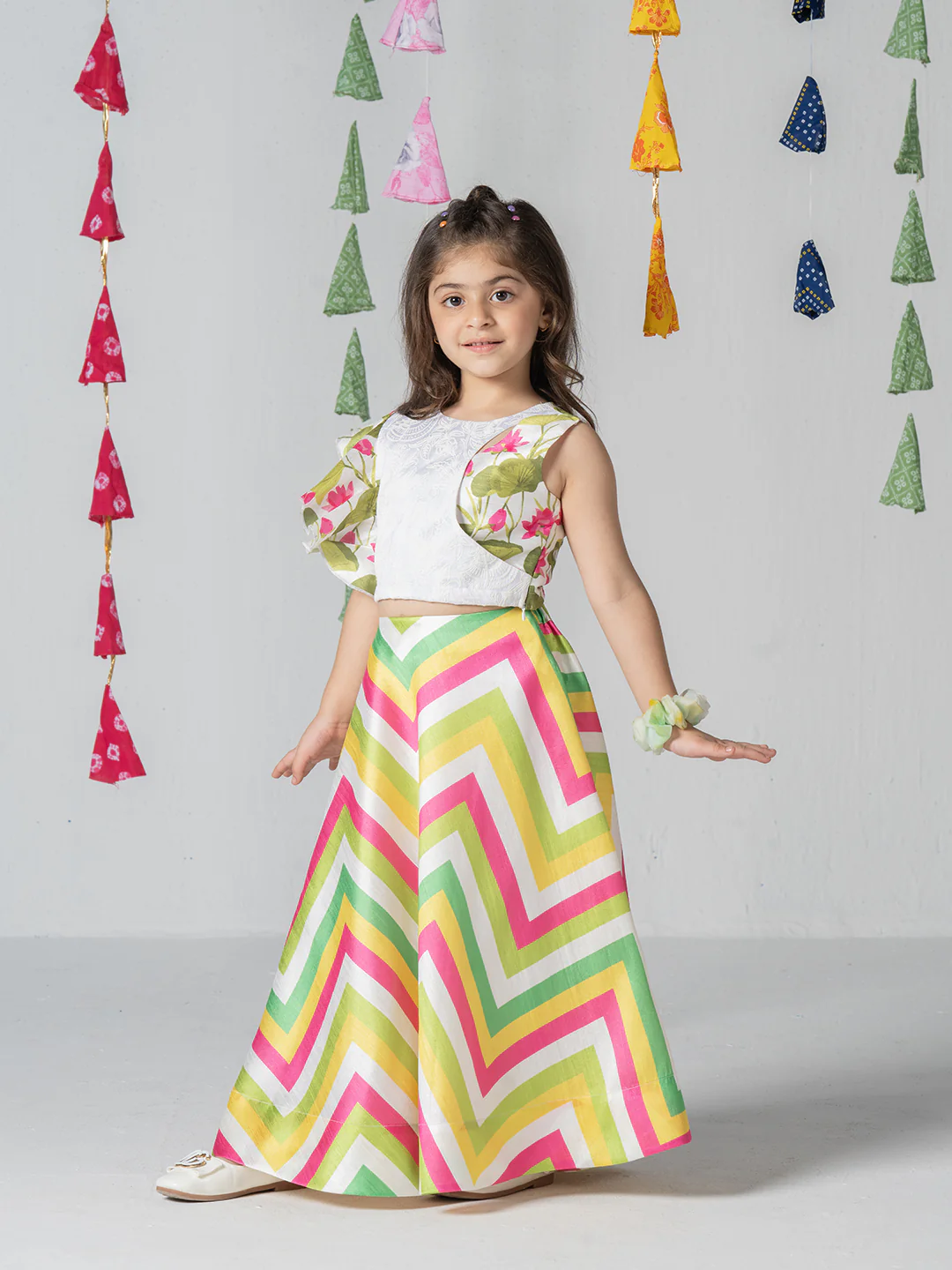Asymmetrical stylish top with multicolor printed umbrella skirt for Girls - Image 5