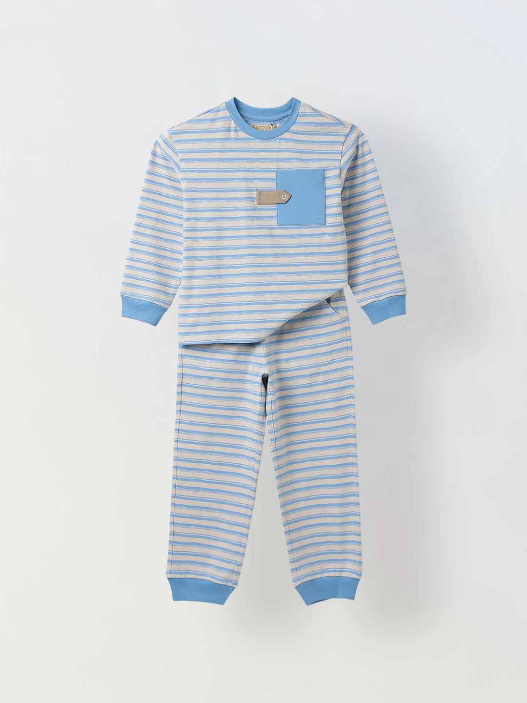Beige & Blue Striped T-shirt with Pyjamas Set