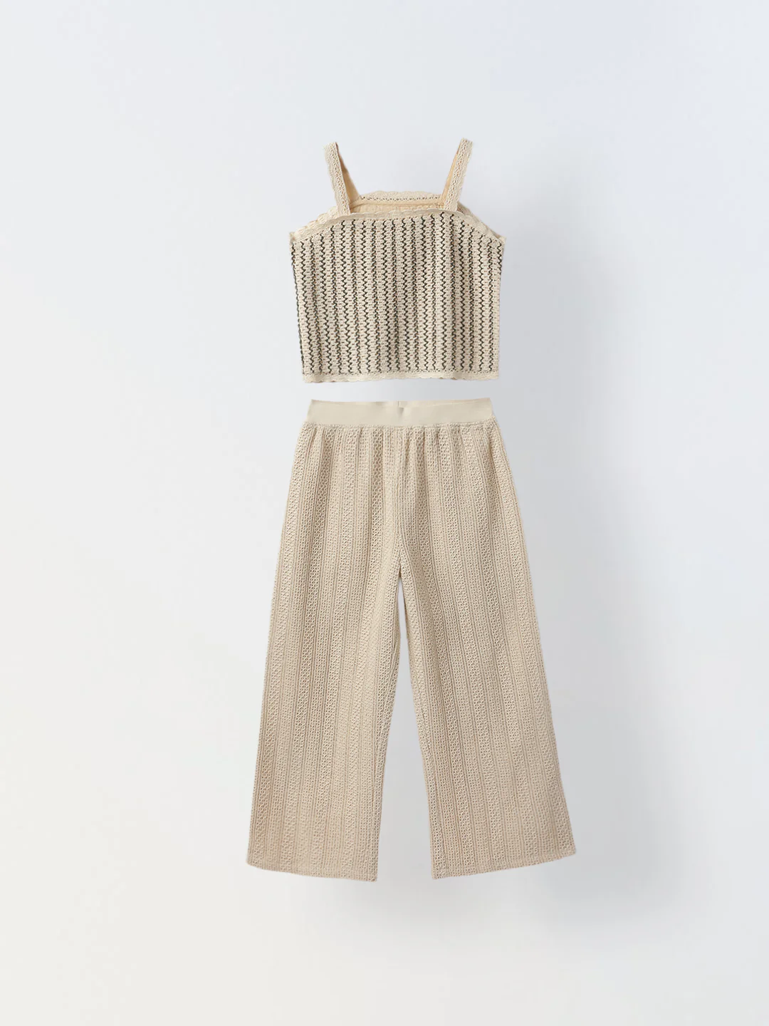 Beige Cotton Stiped Crochet CO-Ord Set For Girls