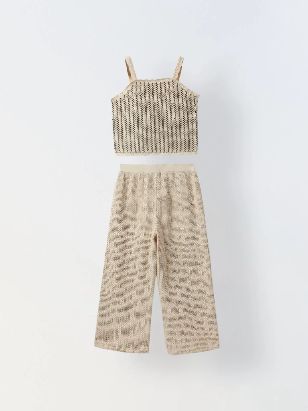 Beige Cotton Stiped Crochet CO-Ord Set For Girls - Image 2