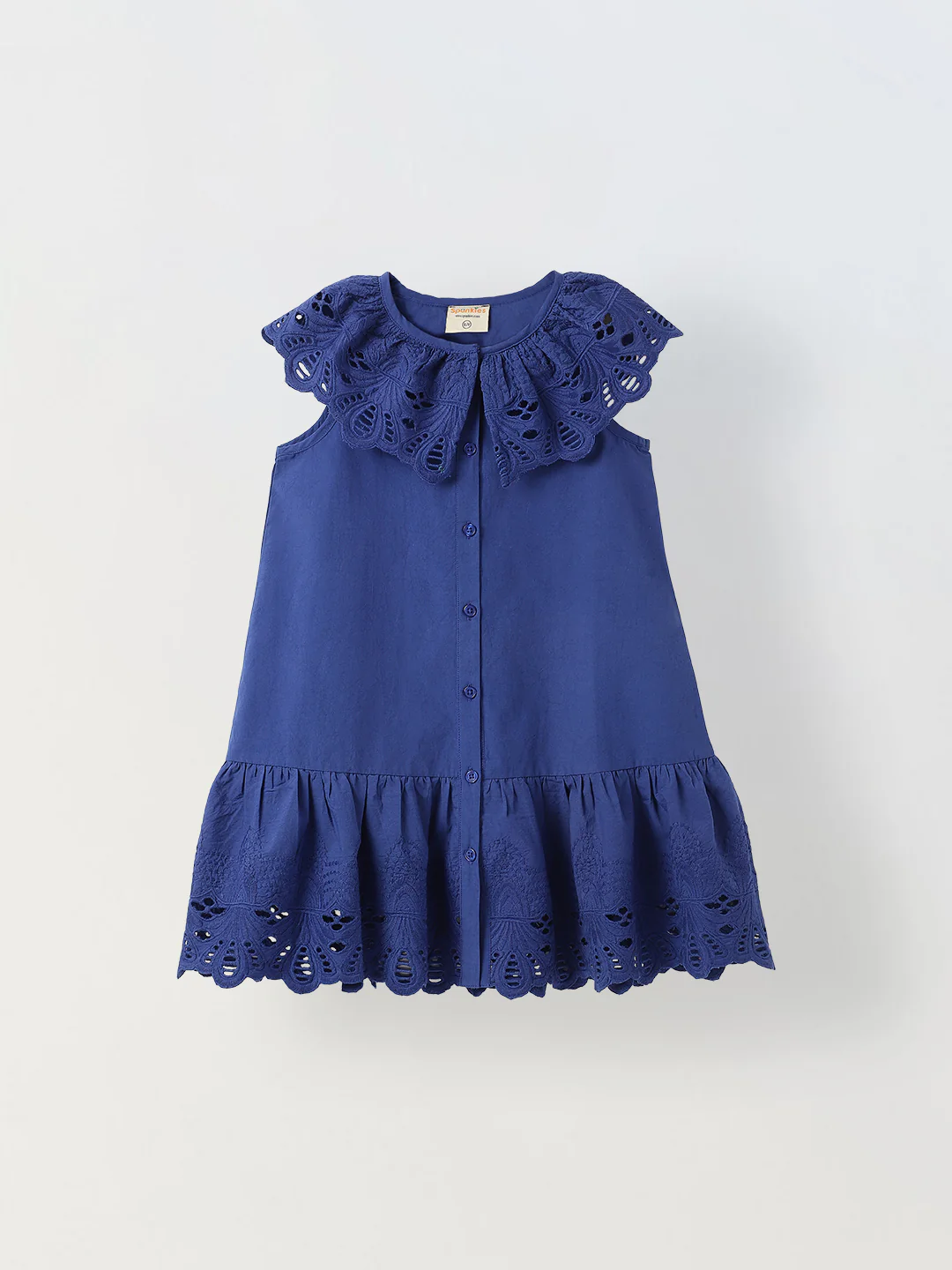 Blue Cotton Round Neck Schiffli Dress For Girls