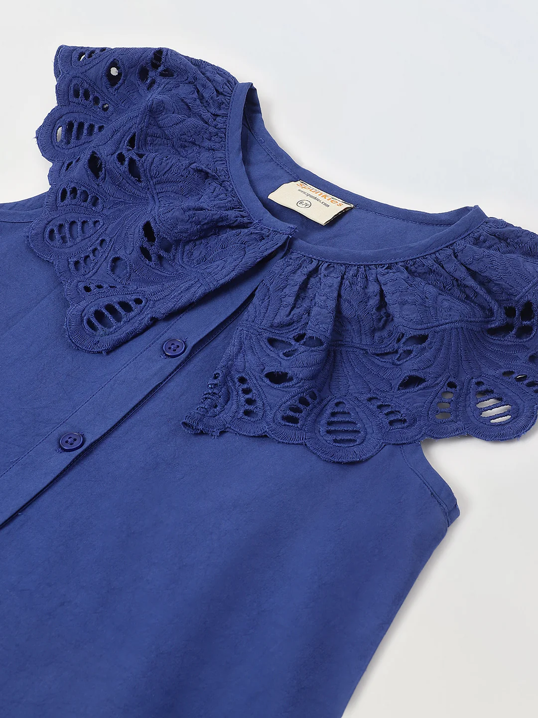 Blue Cotton Round Neck Schiffli Dress For Girls - Image 3