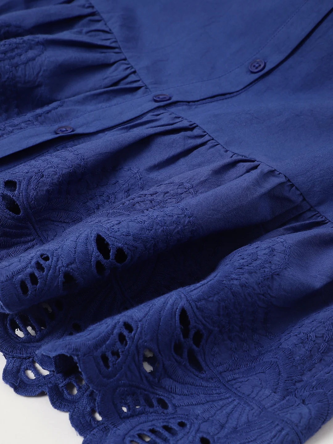 Blue Cotton Round Neck Schiffli Dress For Girls - Image 4