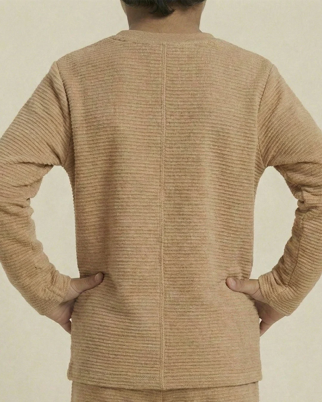 Boy Beige Waffle Knit Otoman Rib Top with Bottom Set - Image 4