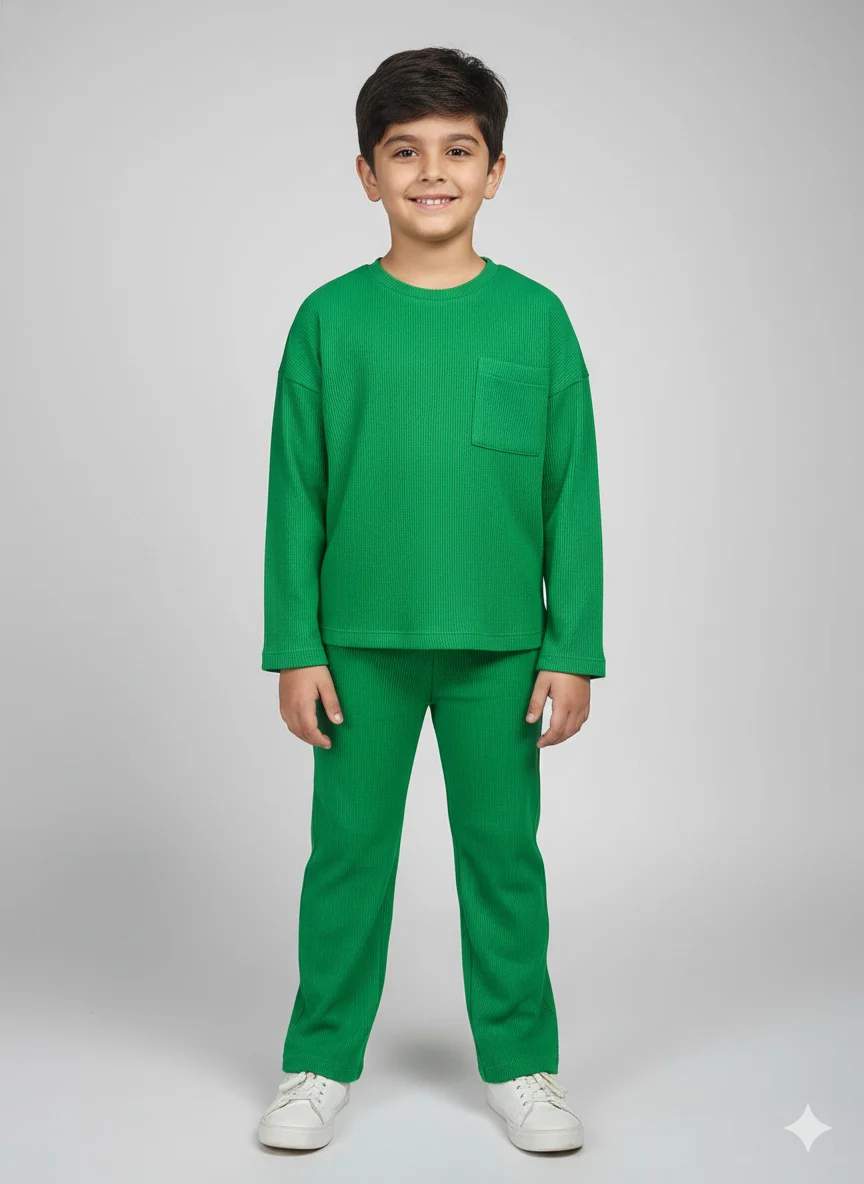 Kids Green Waffle Oversized T-Shirt and Pant Set