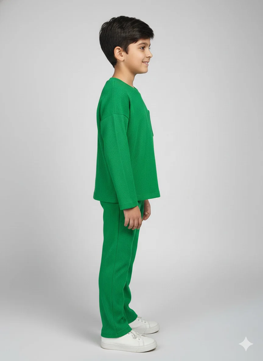 Kids Green Waffle Oversized T-Shirt and Pant Set - Image 3