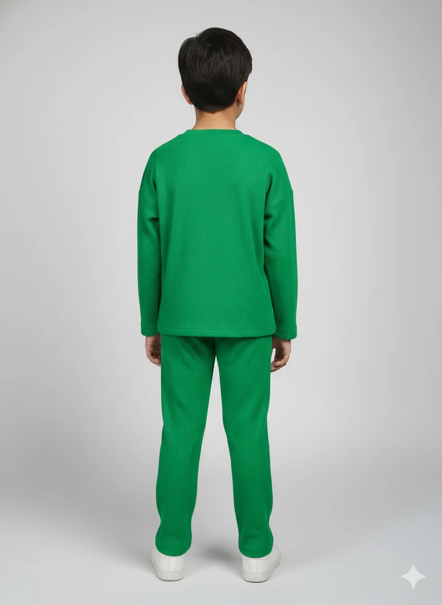 Kids Green Waffle Oversized T-Shirt and Pant Set - Image 4