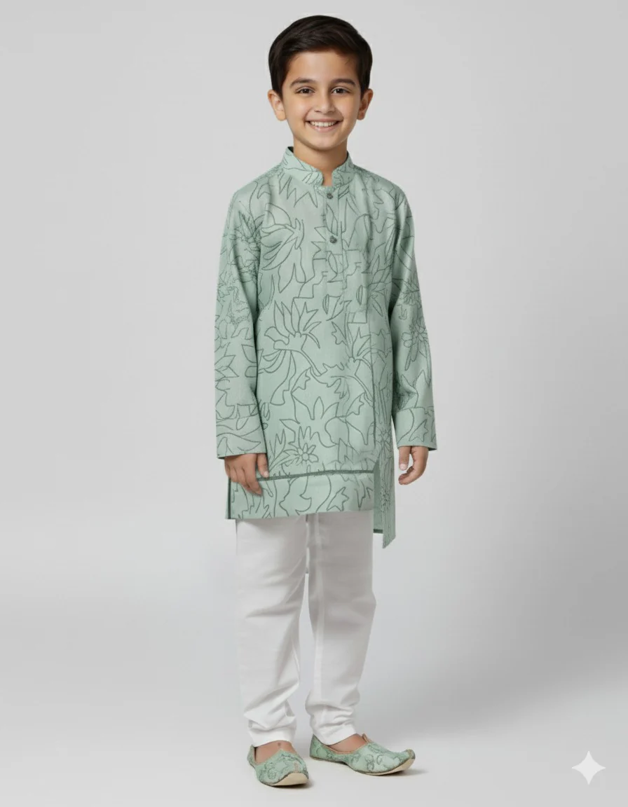 Boys Green Cotton Printed Ethnic Kurta Pajama Set