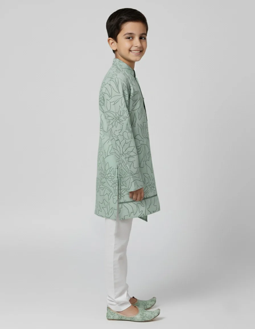 Boys Green Cotton Printed Ethnic Kurta Pajama Set - Image 3