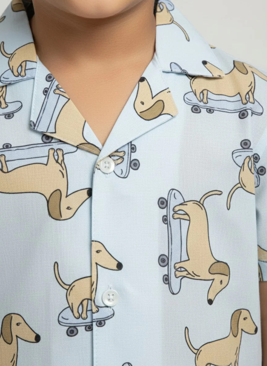 Boys Light Blue Dachshund Print Cotton Co-Ord Set - Image 2