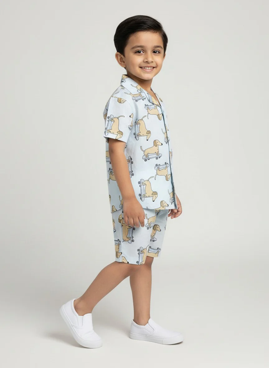 Boys Light Blue Dachshund Print Cotton Co-Ord Set - Image 3