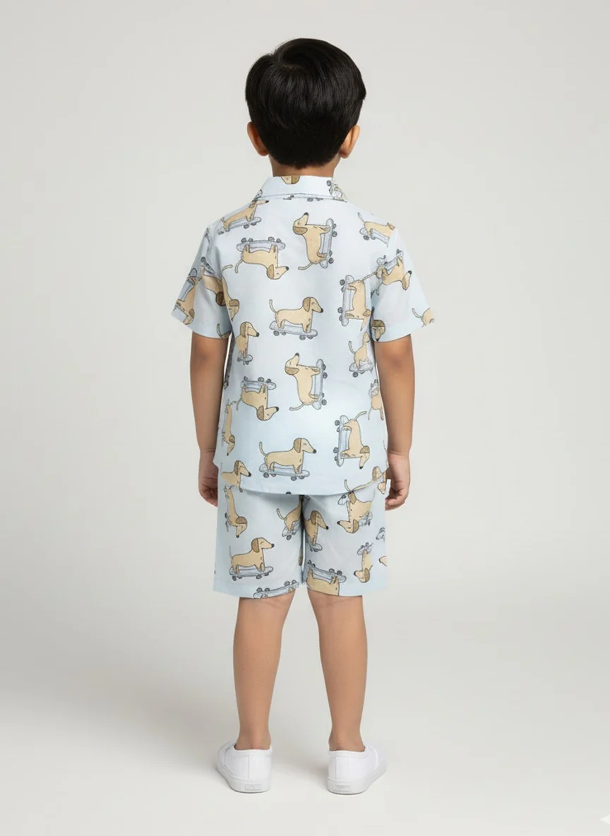 Boys Light Blue Dachshund Print Cotton Co-Ord Set - Image 4