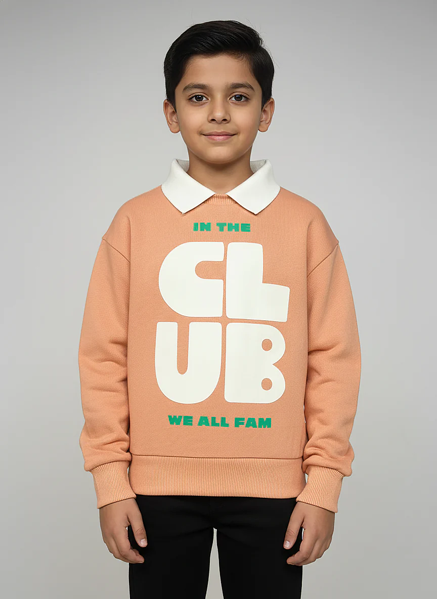 Boys Orange Collar Neck Printed Sweatshirt