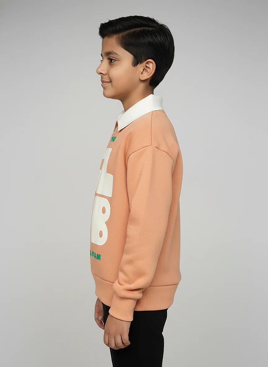 Boys Orange Collar Neck Printed Sweatshirt - Image 4