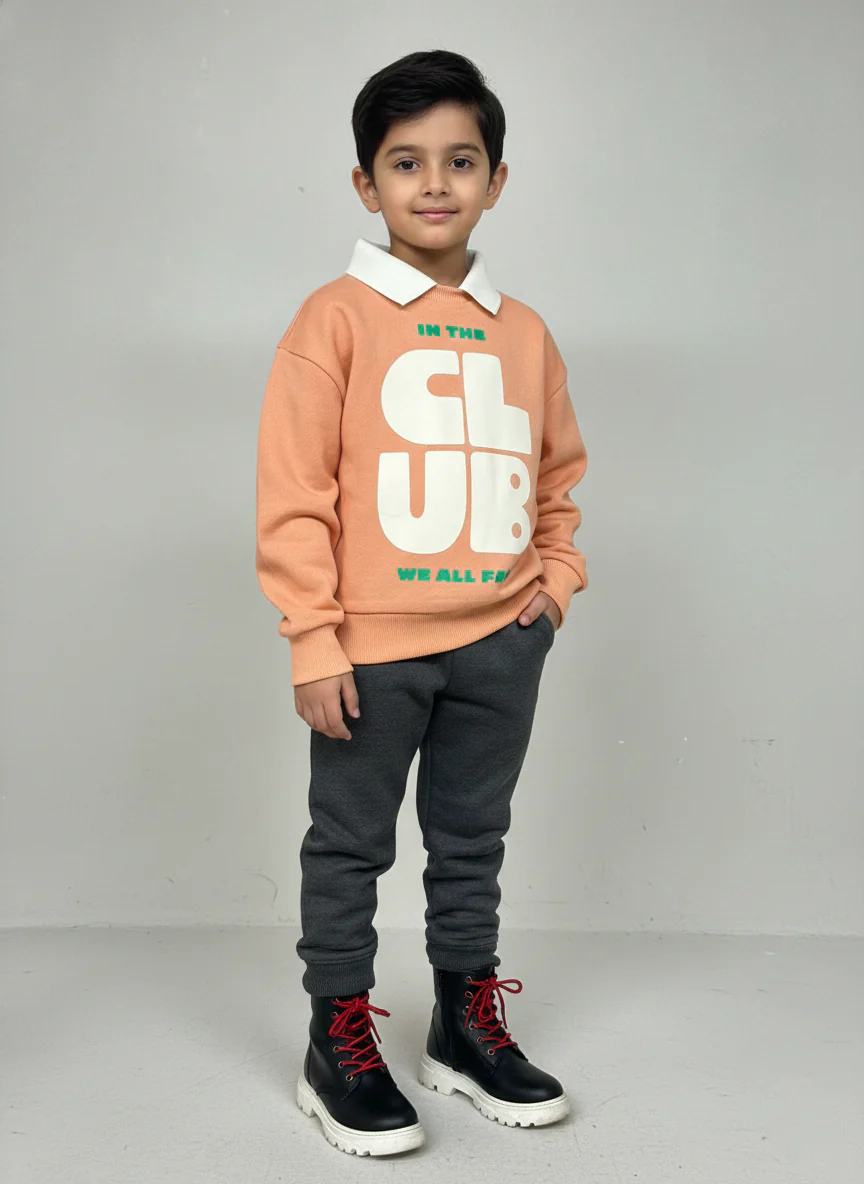 Boys Orange Collar Neck Printed Sweatshirt - Image 5