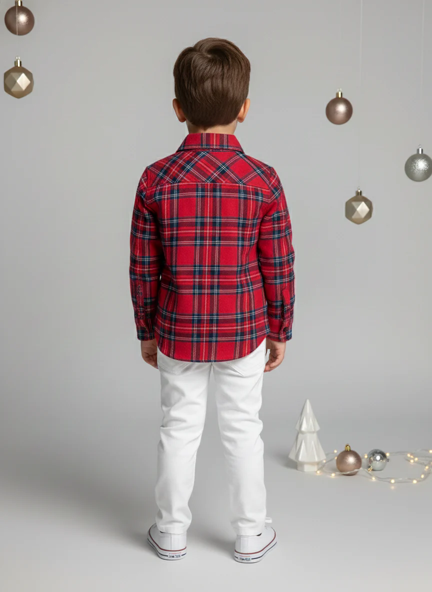 Boys Red Checked Flannel Santa Shirt - Image 3