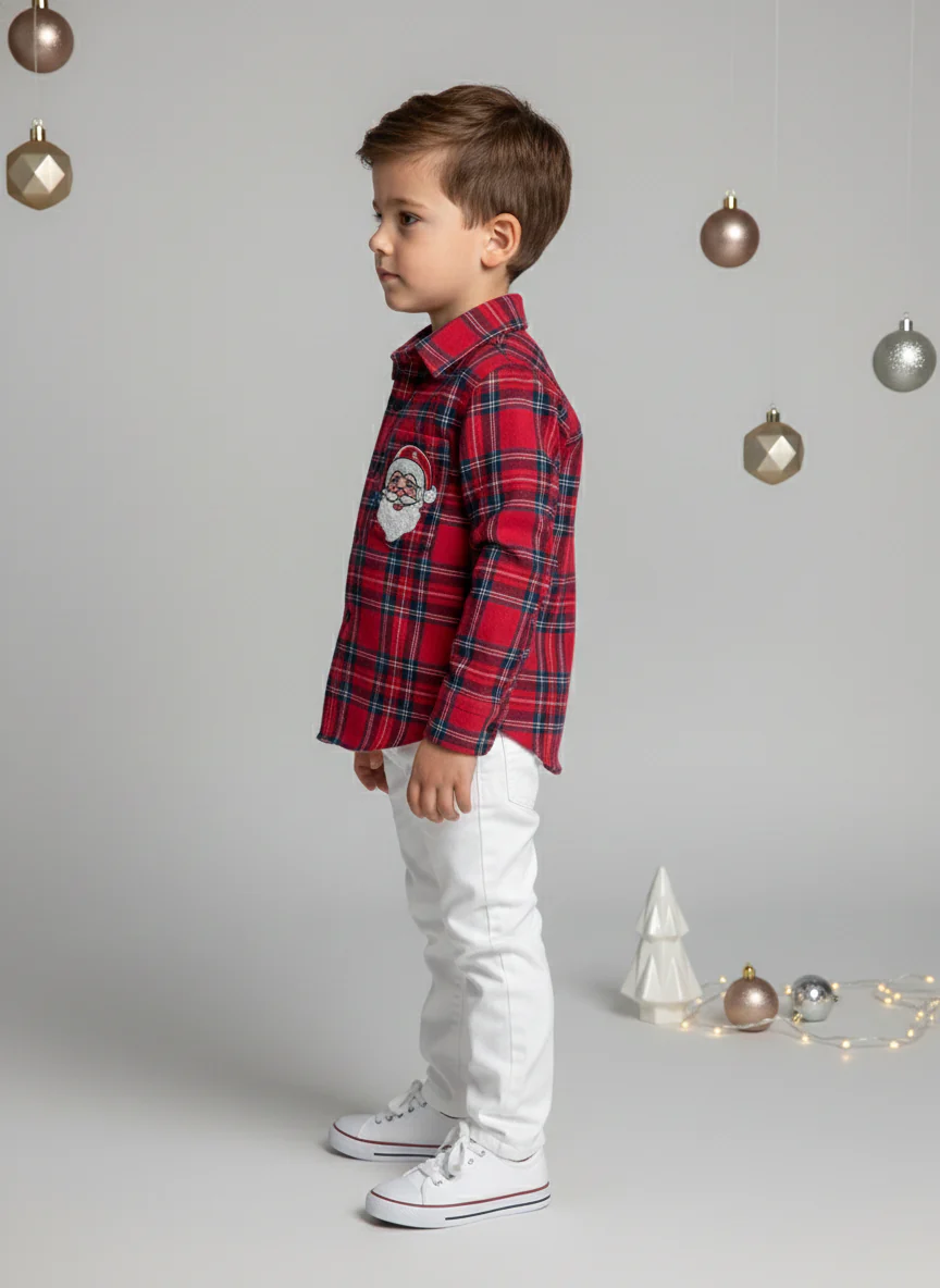 Boys Red Checked Flannel Santa Shirt - Image 4