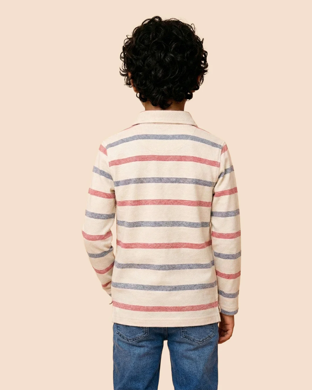 Boys White Collar Neck Striped Polo T-Shirt - Image 3