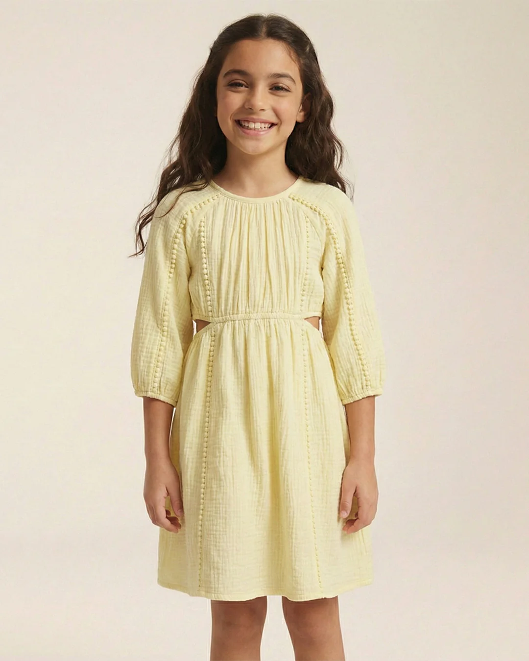 Yellow Cotton Round Neck Solid Dress For Girls