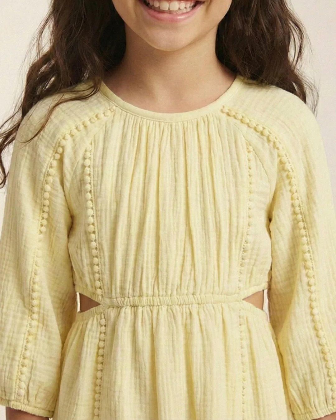 Yellow Cotton Round Neck Solid Dress For Girls - Image 2