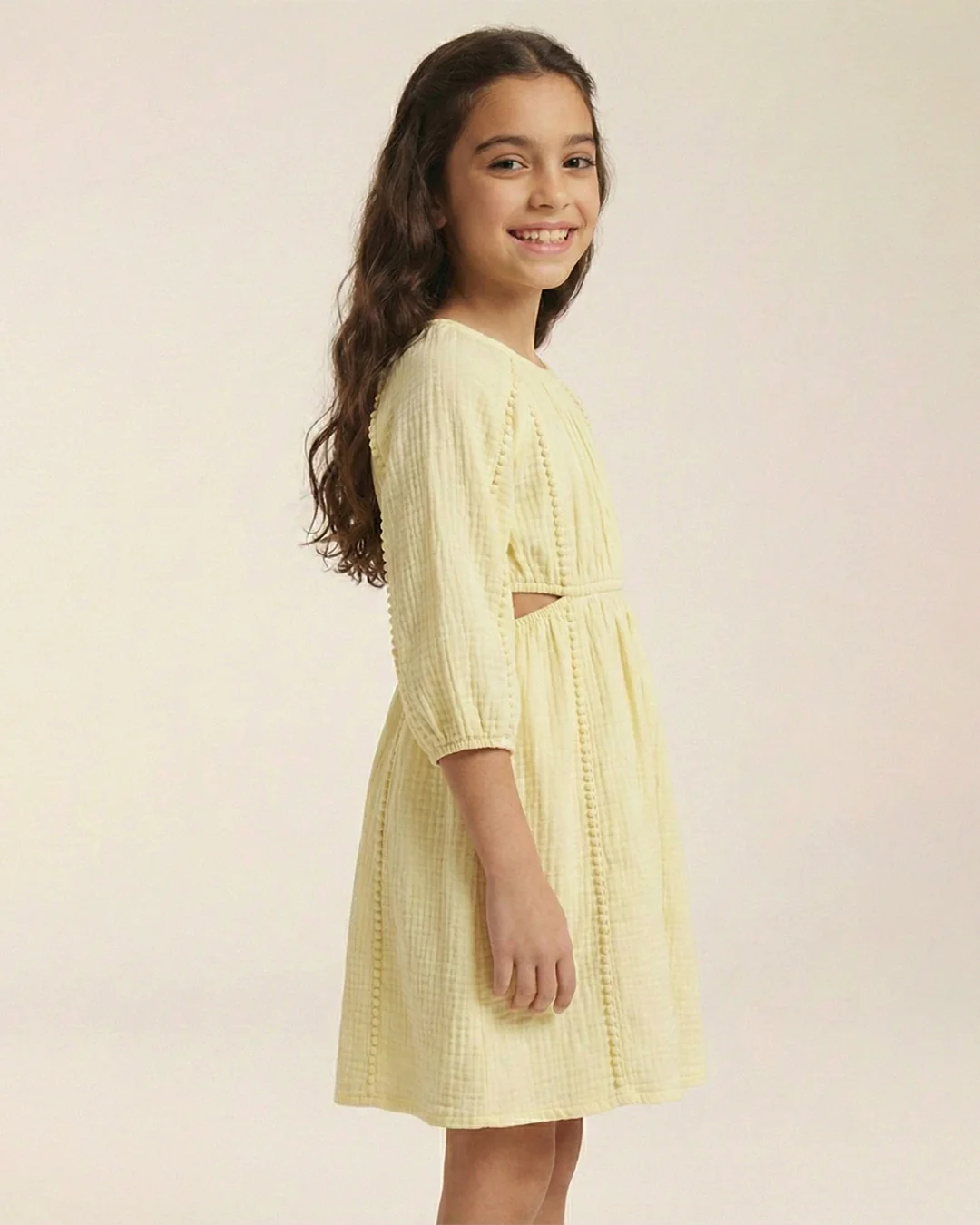 Yellow Cotton Round Neck Solid Dress For Girls - Image 3