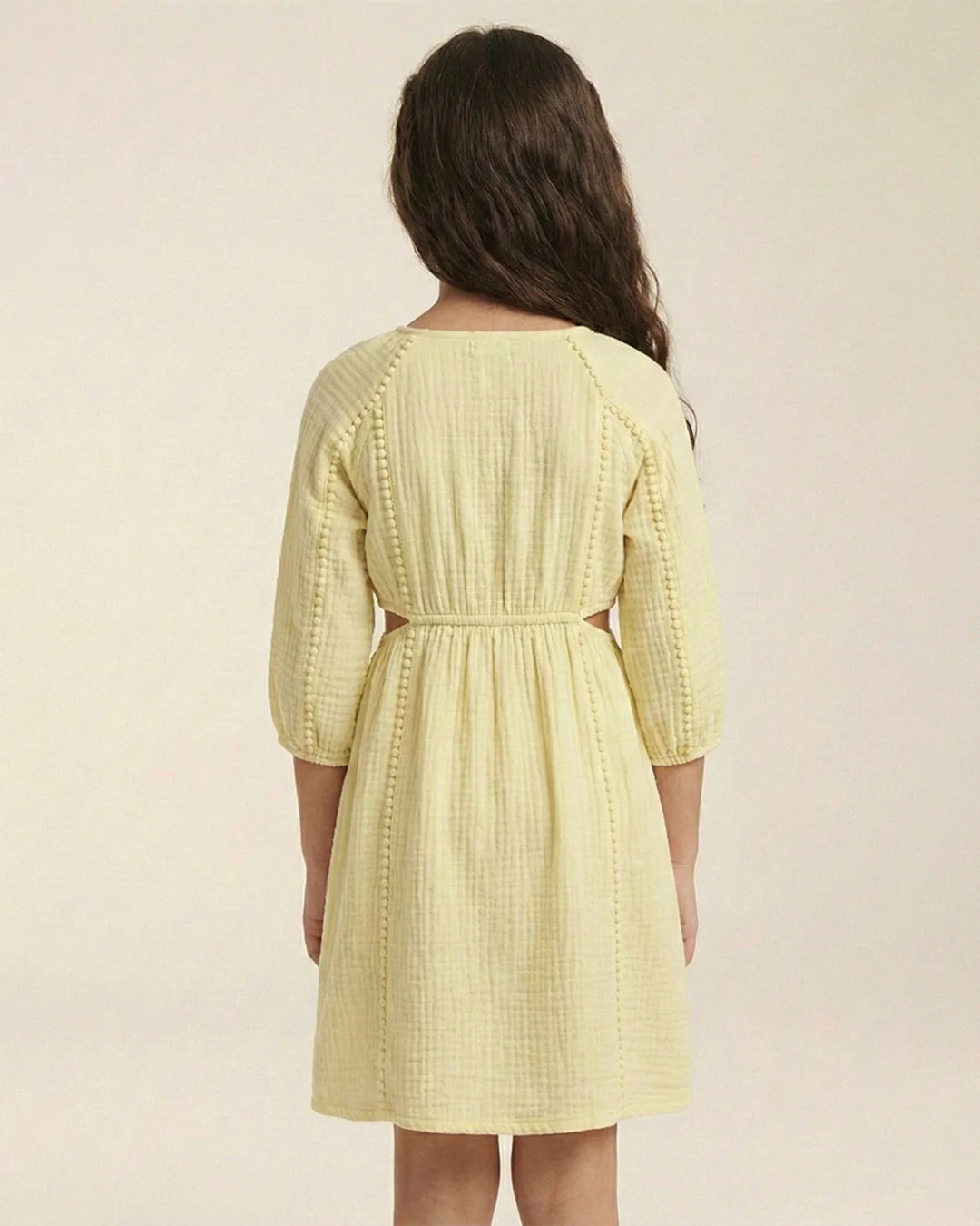 Yellow Cotton Round Neck Solid Dress For Girls - Image 4