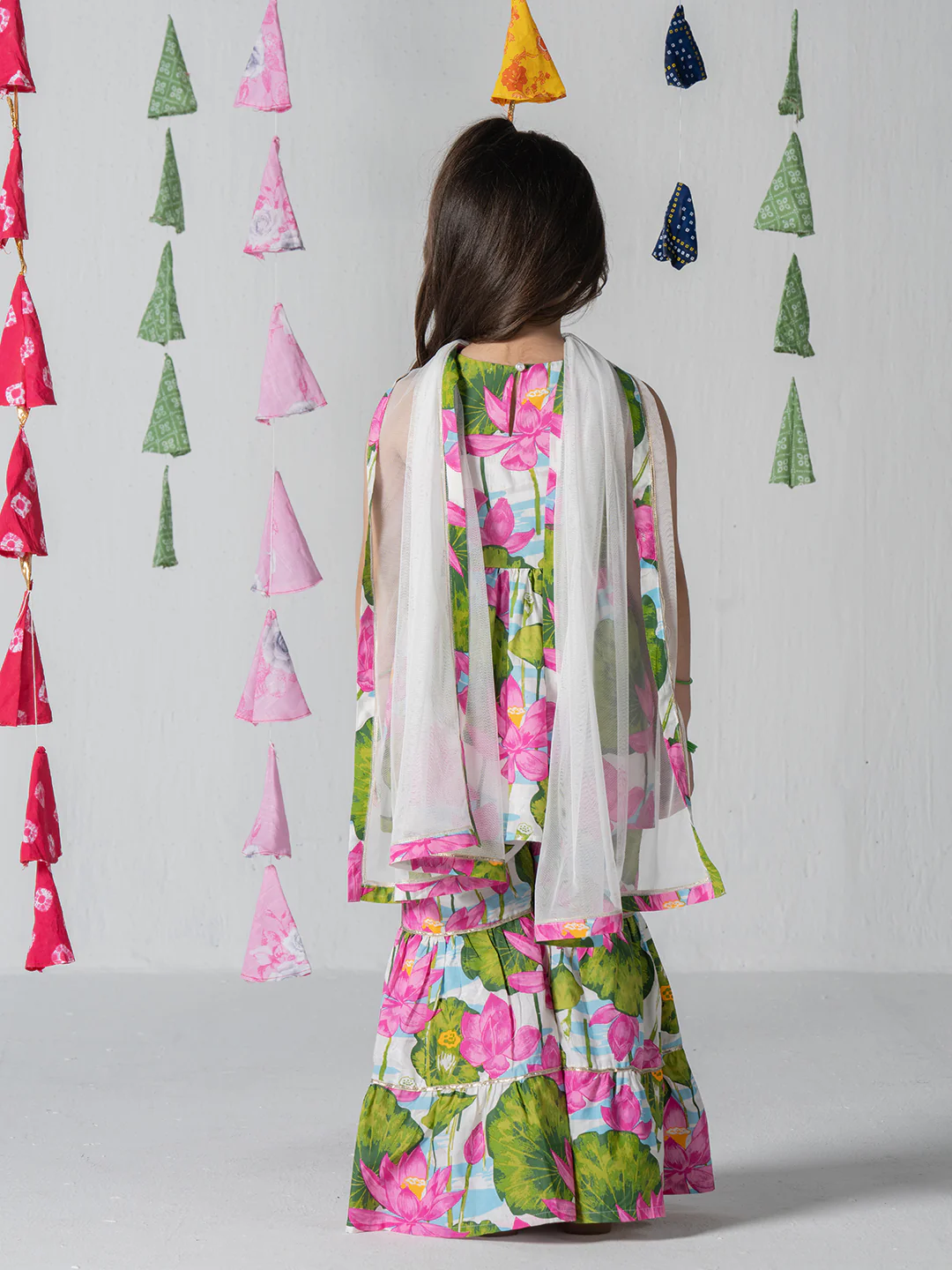 Girls Floral print kurta and sharara set with dupatta - Image 7