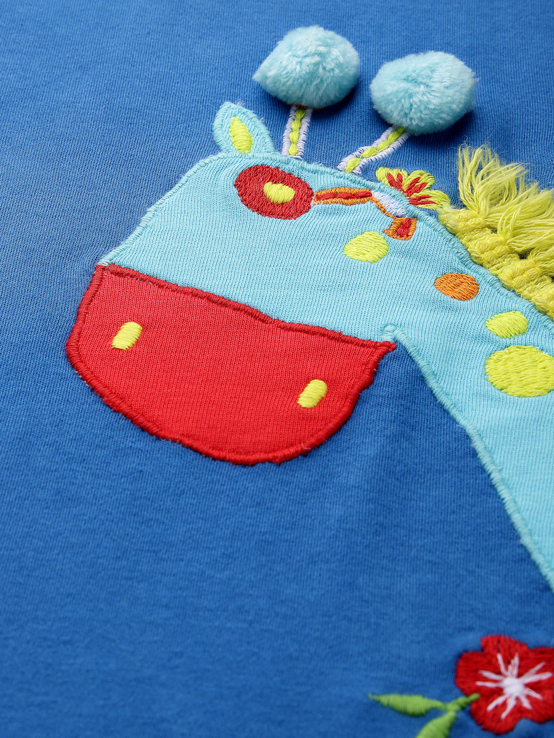 Girls' Blue Sleeveless Dress with Playful Giraffe Embroidery - Image 3