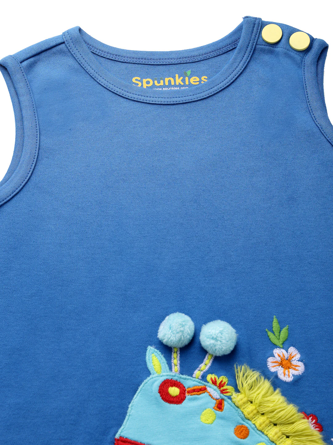 Girls' Blue Sleeveless Dress with Playful Giraffe Embroidery - Image 4