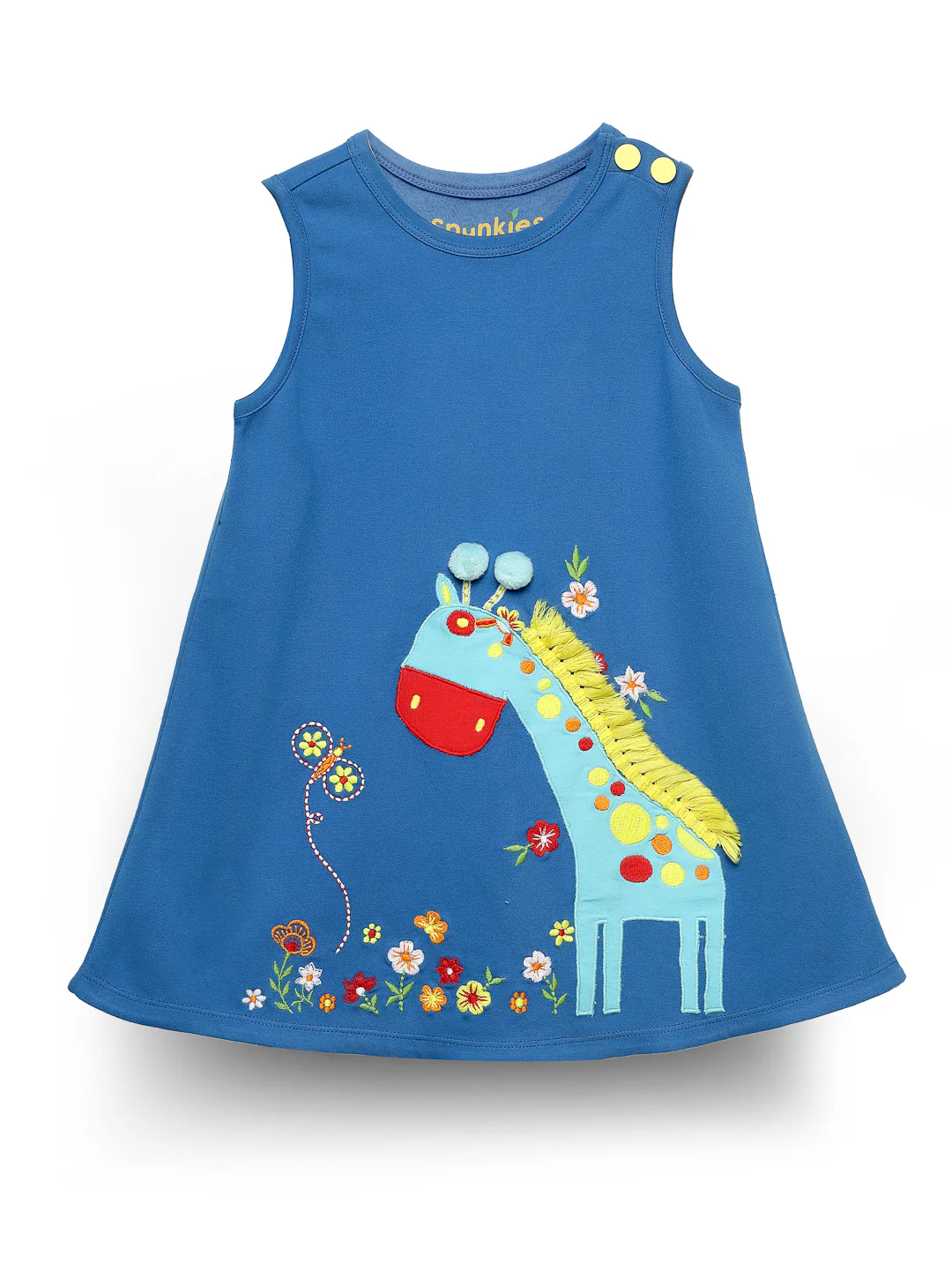 Girls' Blue Sleeveless Dress with Playful Giraffe Embroidery - Image 6
