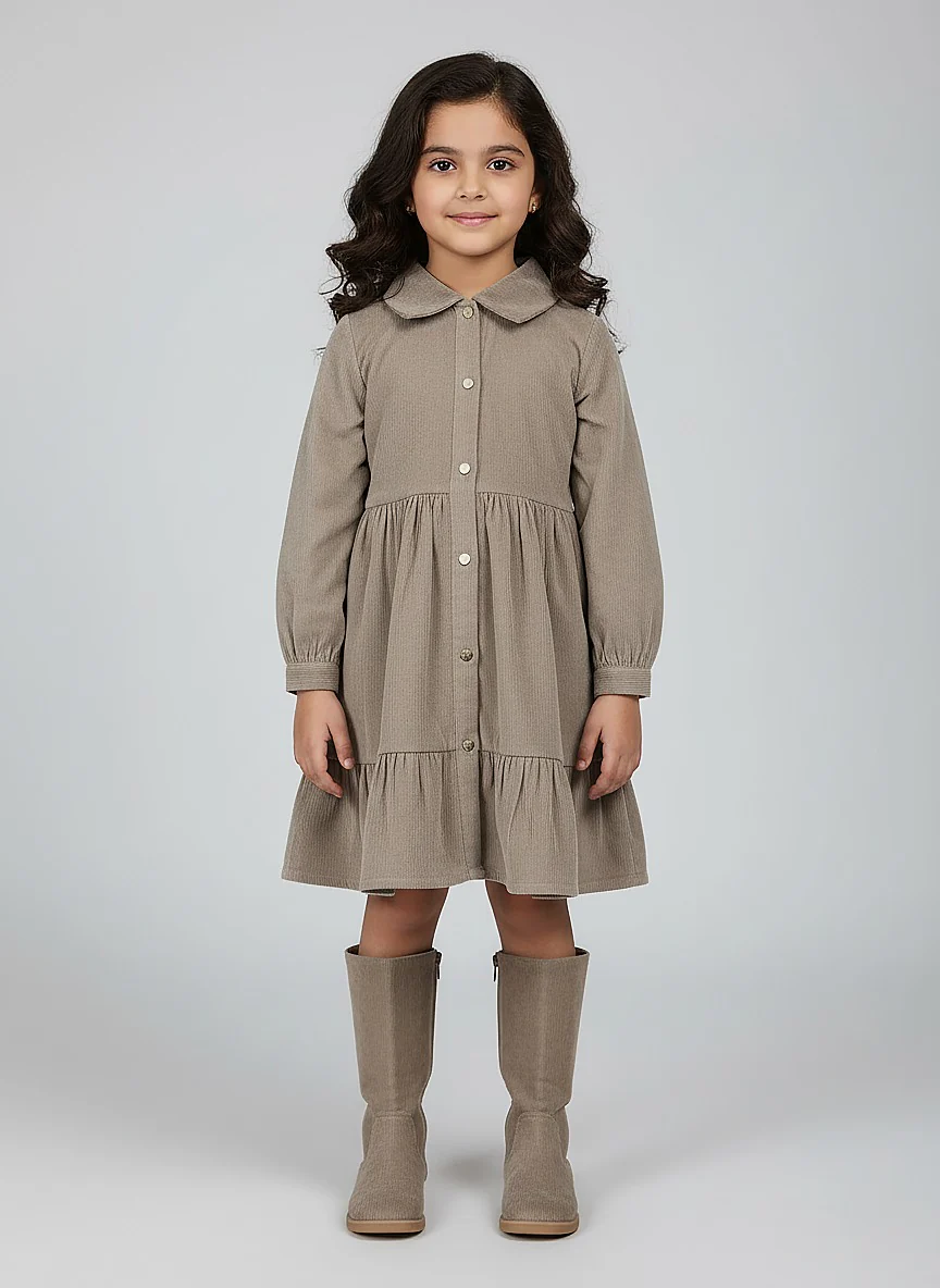 Girl's Beige Corduroy Full Sleeve Tiered Dress