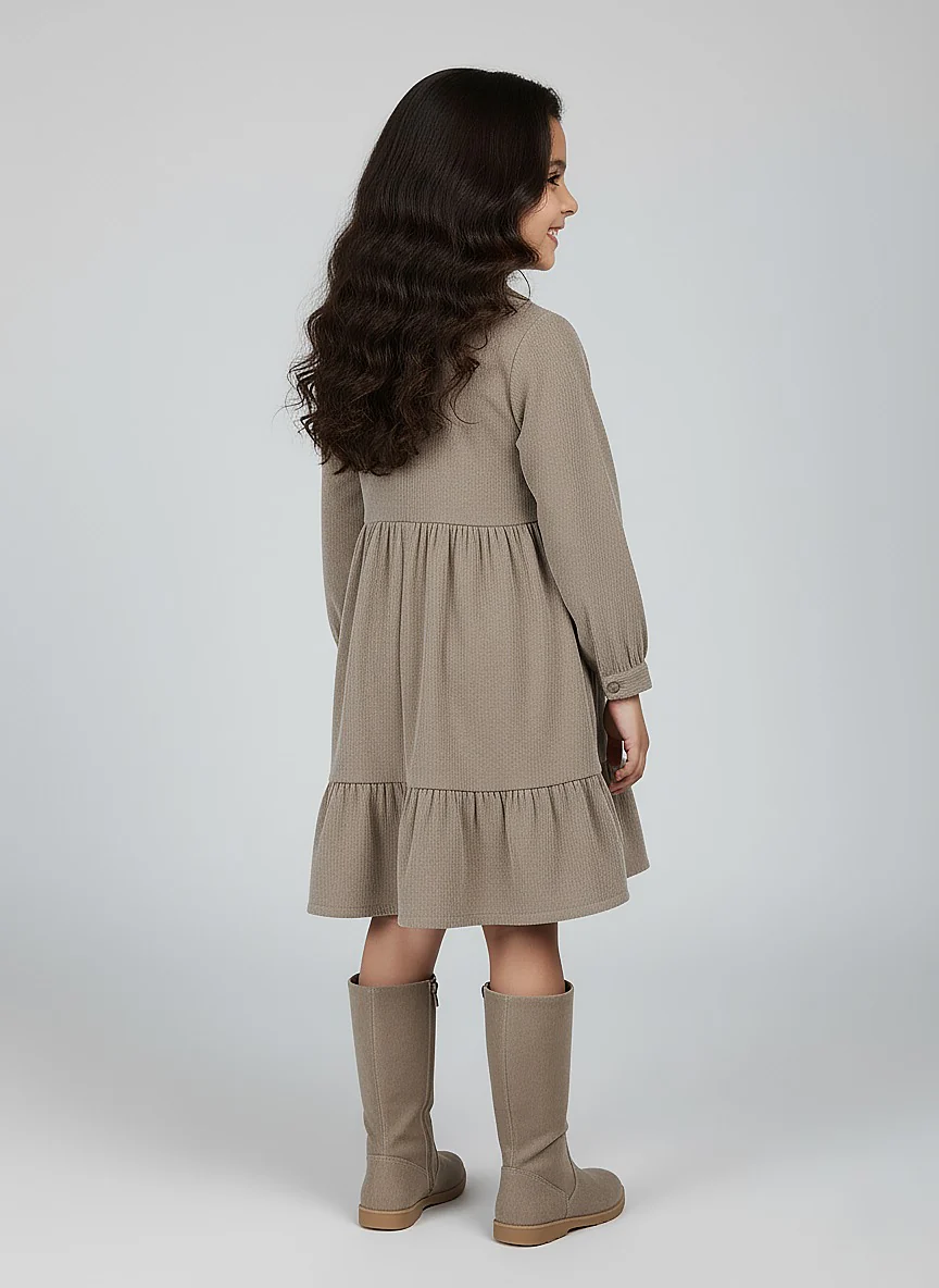 Girl's Beige Corduroy Full Sleeve Tiered Dress - Image 2