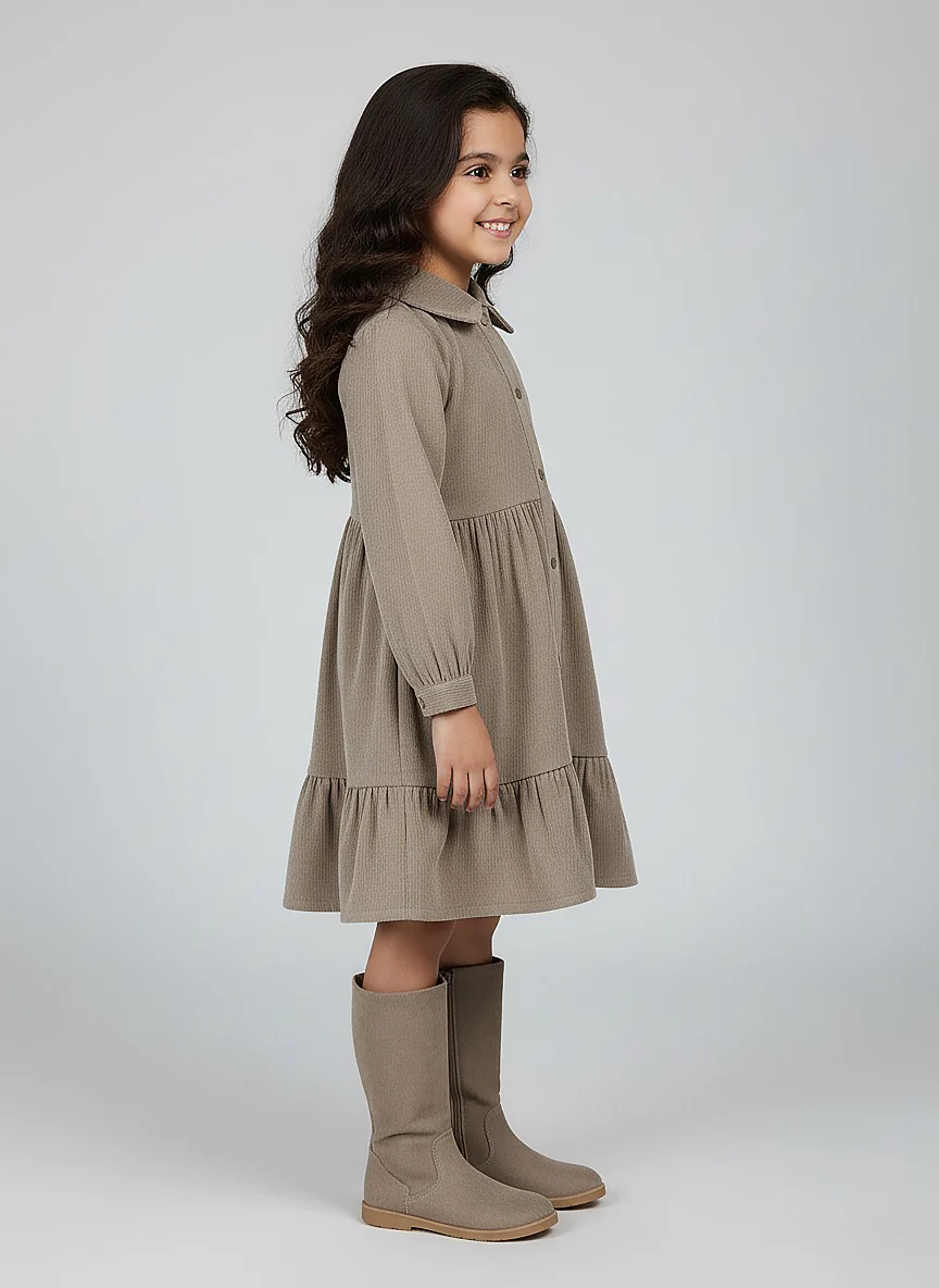 Girl's Beige Corduroy Full Sleeve Tiered Dress - Image 3