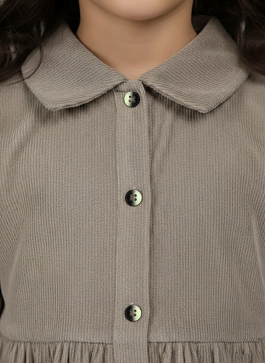 Girl's Beige Corduroy Full Sleeve Tiered Dress - Image 4