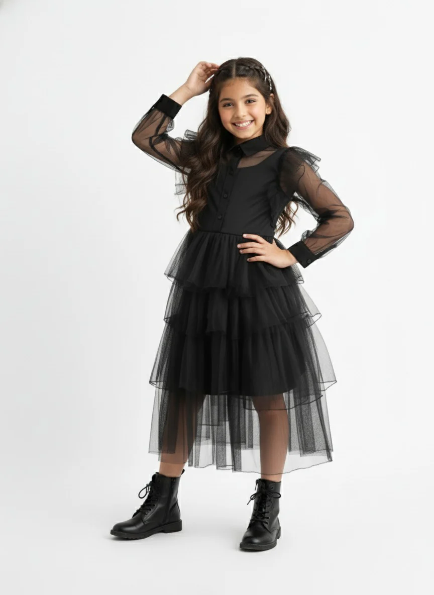 Girls Black Mesh Voile Layered Wednesday Dress - Image 3