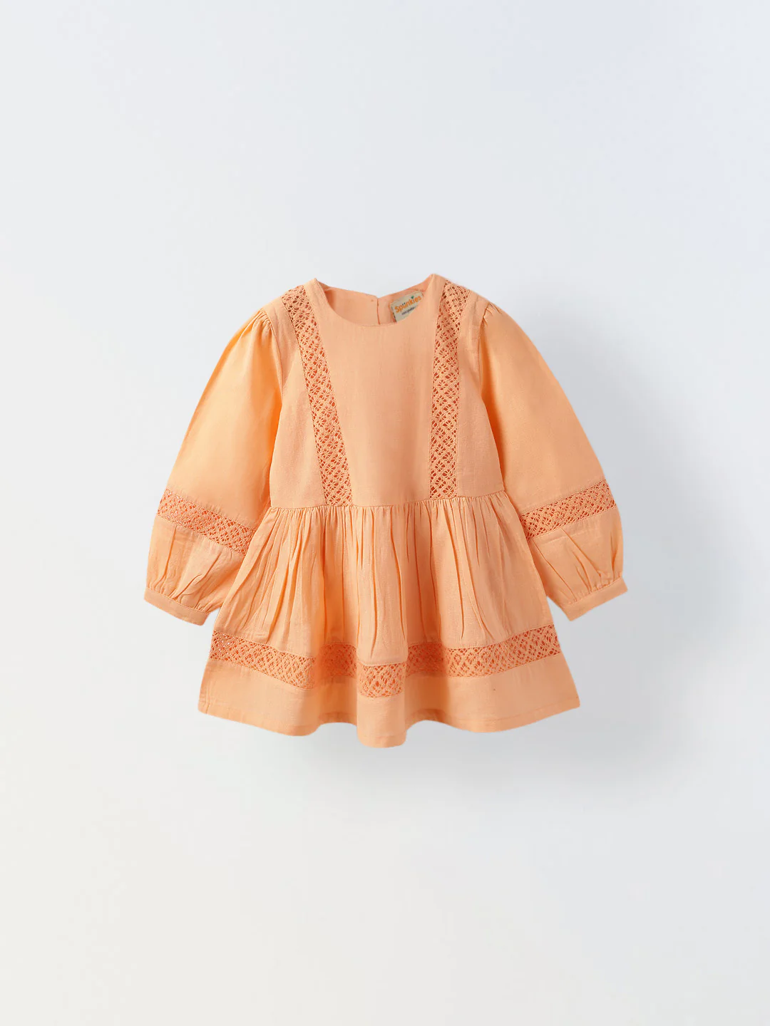 Girls Peach Cotton Lace Round Neck Dress