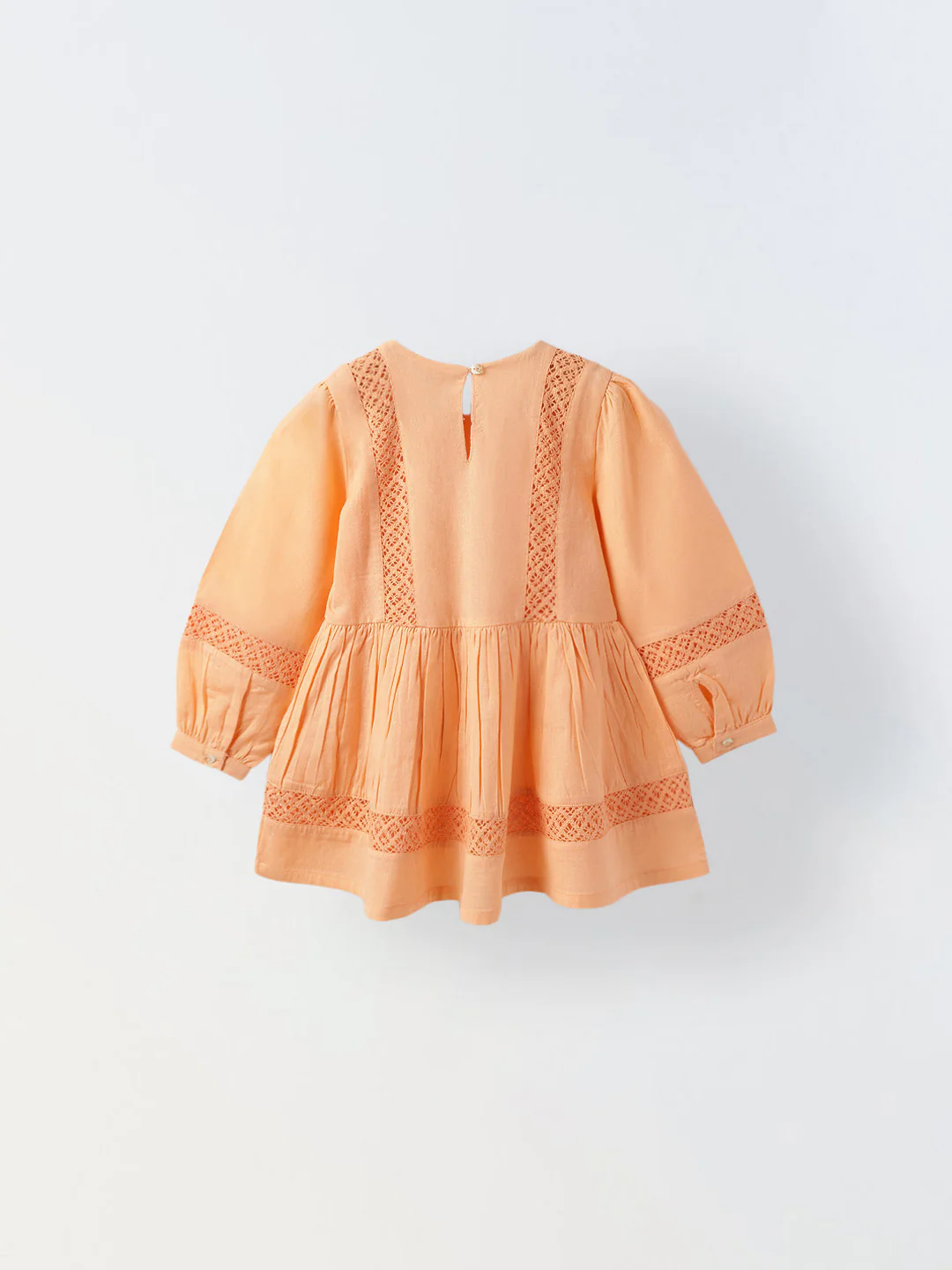 Girls Peach Cotton Lace Round Neck Dress - Image 2