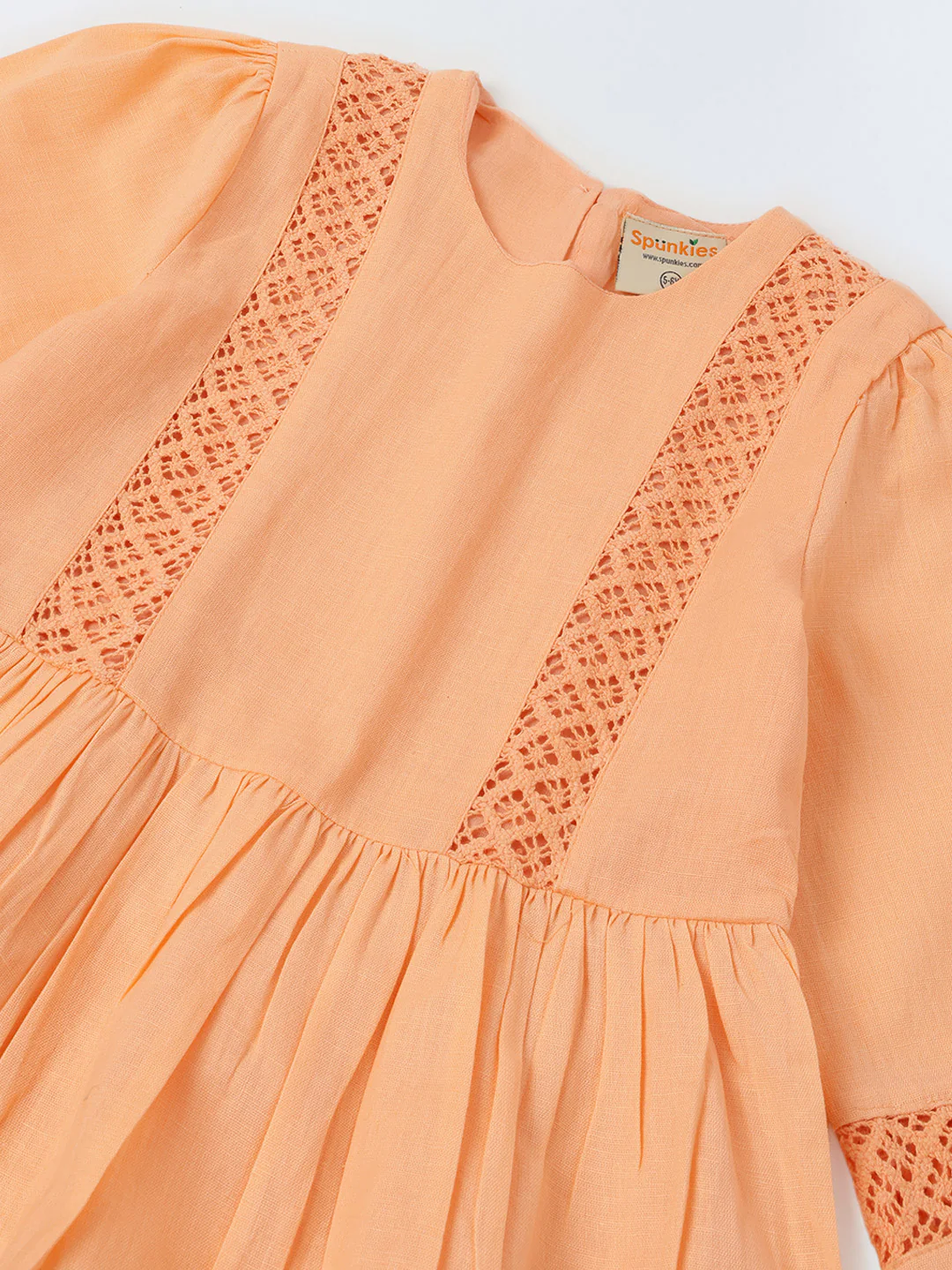 Girls Peach Cotton Lace Round Neck Dress - Image 3
