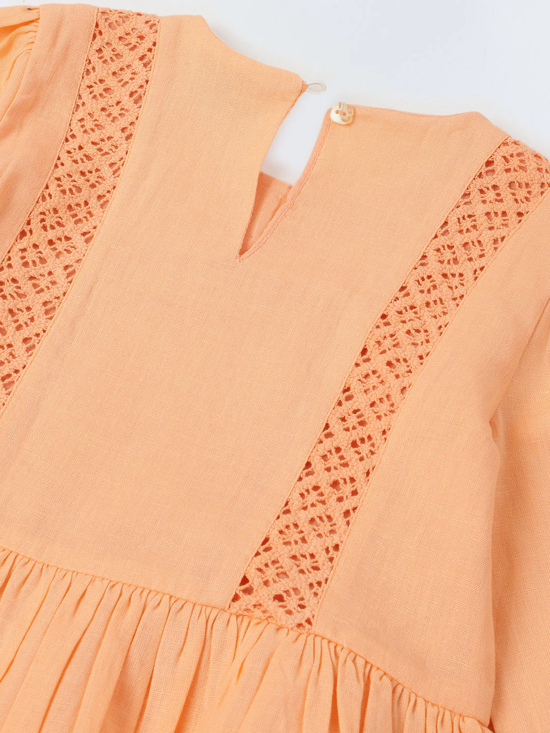 Girls Peach Cotton Lace Round Neck Dress - Image 4