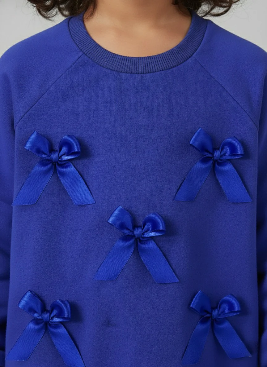 Girls Blue Full Sleeve Fleece Bow Sweatshirt - Image 2