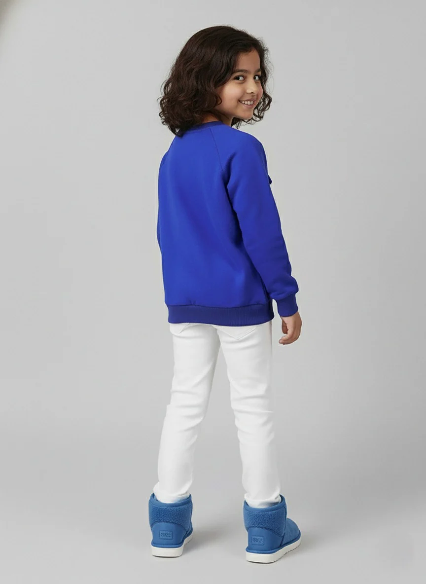 Girls Blue Full Sleeve Fleece Bow Sweatshirt - Image 3