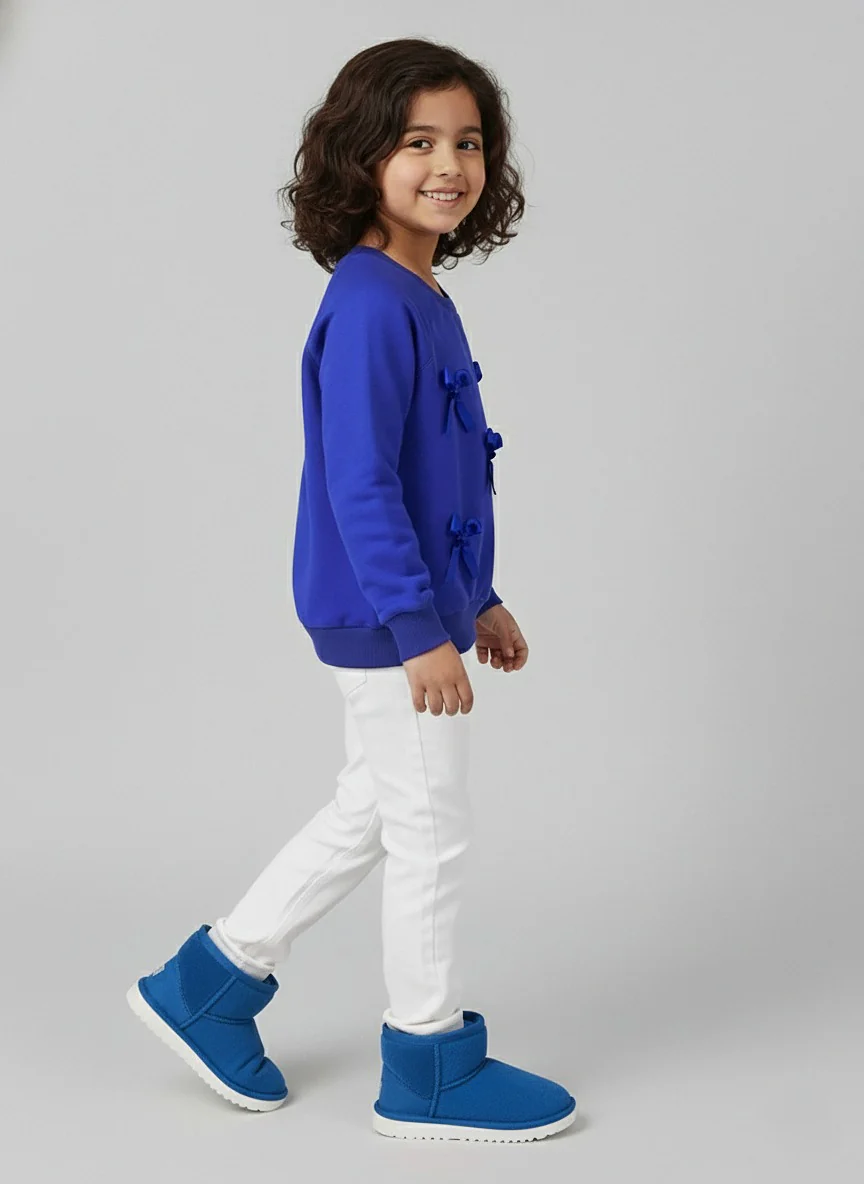Girls Blue Full Sleeve Fleece Bow Sweatshirt - Image 4