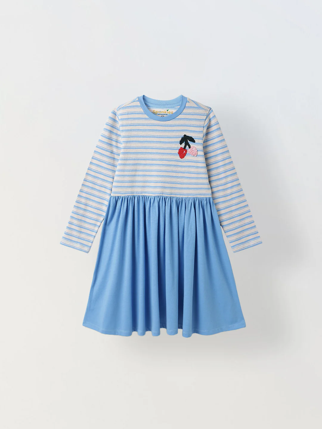 Girls Blue Striped Full Sleeves Dress - Image 3