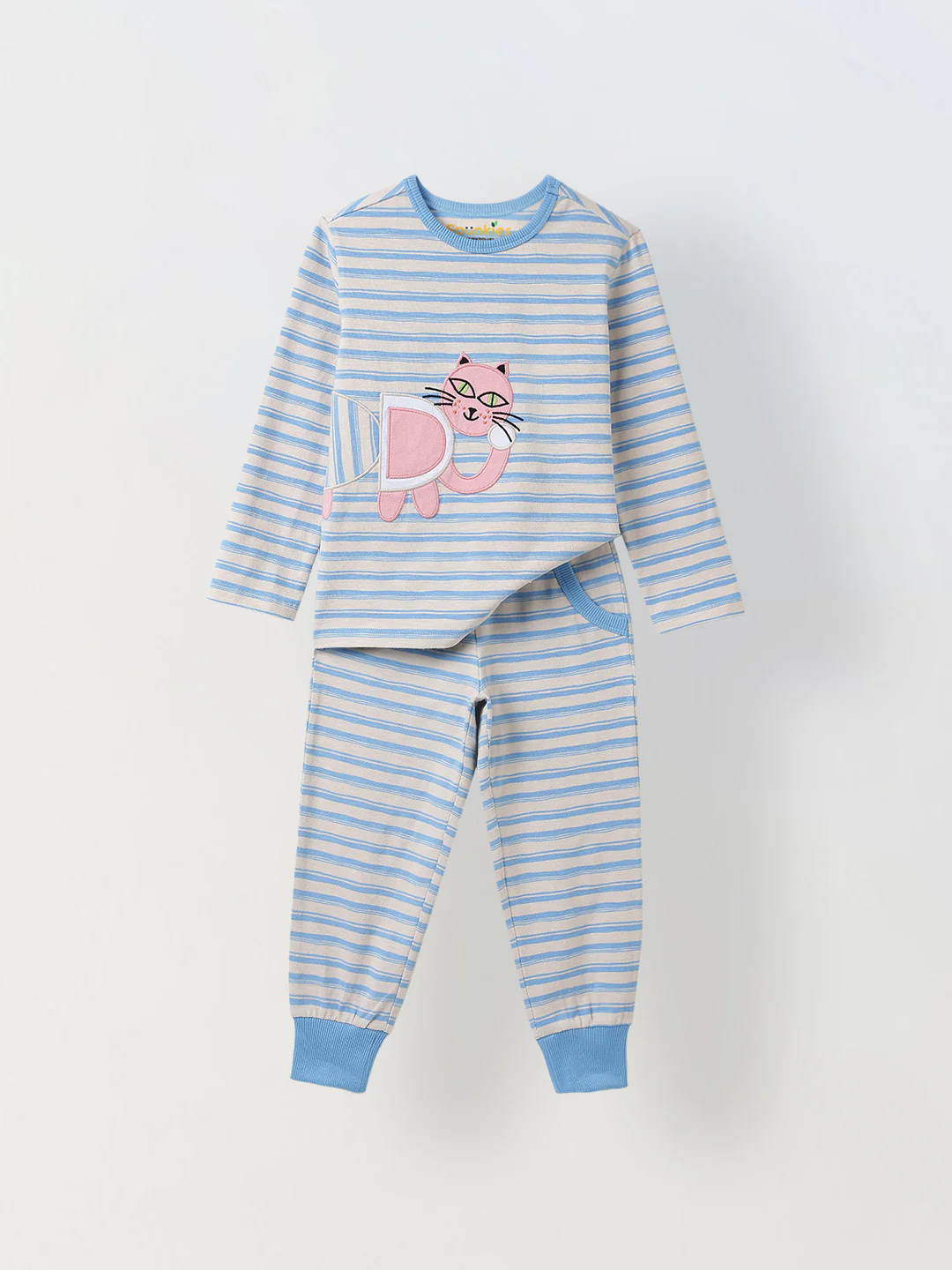 Girls Blue Striped T-shirt with Pyjamas Set