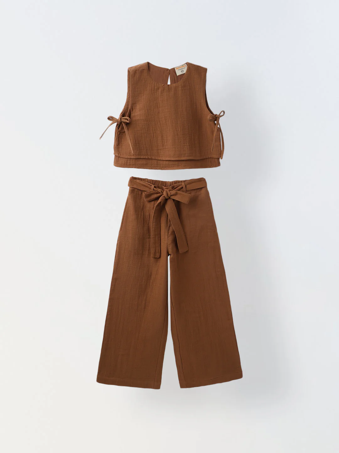 Girls Brown Cotton Round Neck Solid Co-Ord Set