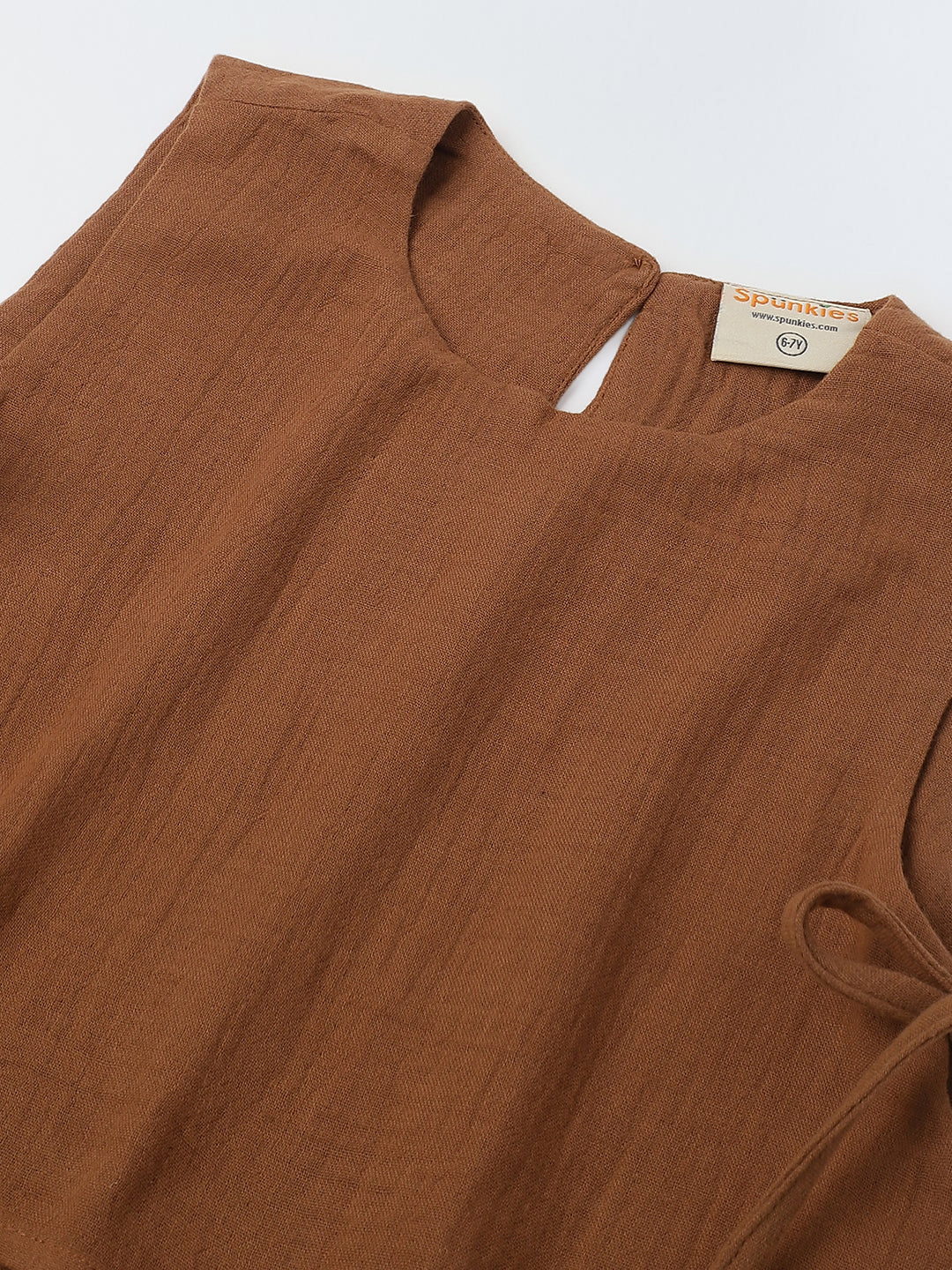 Girls Brown Cotton Round Neck Solid Co-Ord Set - Image 4