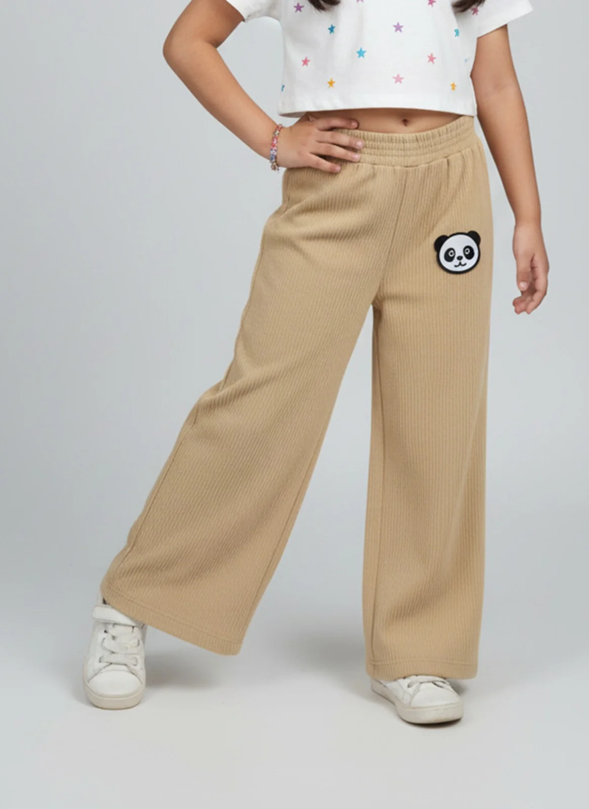 Girls Brown Wide-Leg Pants with Panda Patch