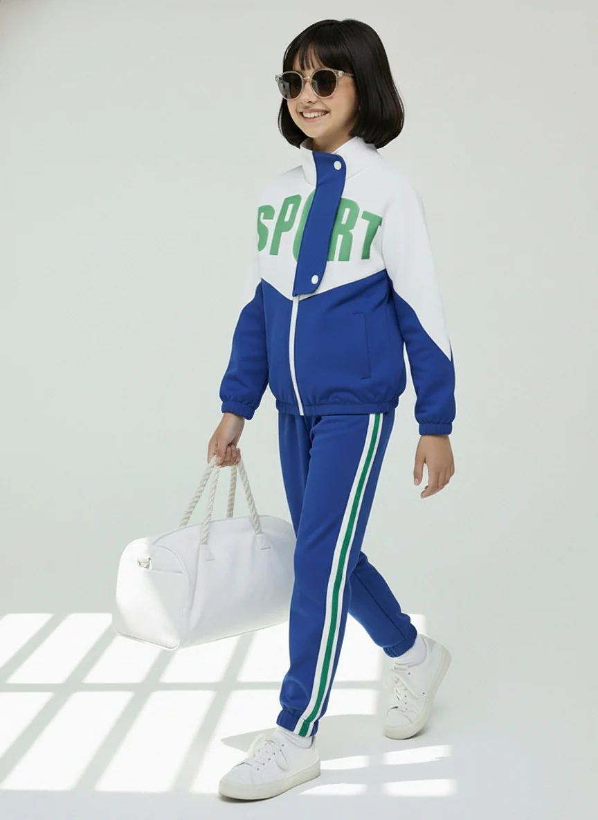 Girls Colorblock Blue & White Sport Tracksuit Set - Image 2