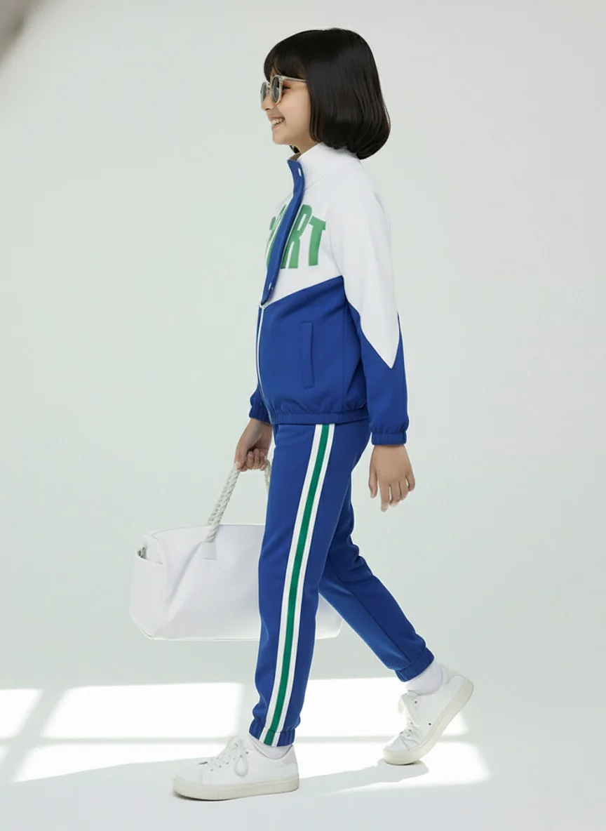 Girls Colorblock Blue & White Sport Tracksuit Set - Image 3