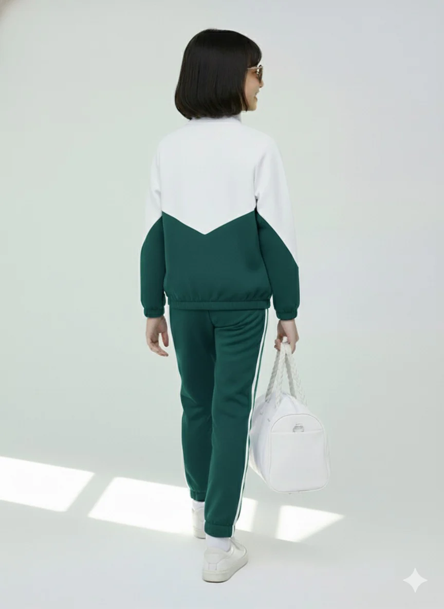 Girls Colorblock Green & White Sport Tracksuit Set - Image 2